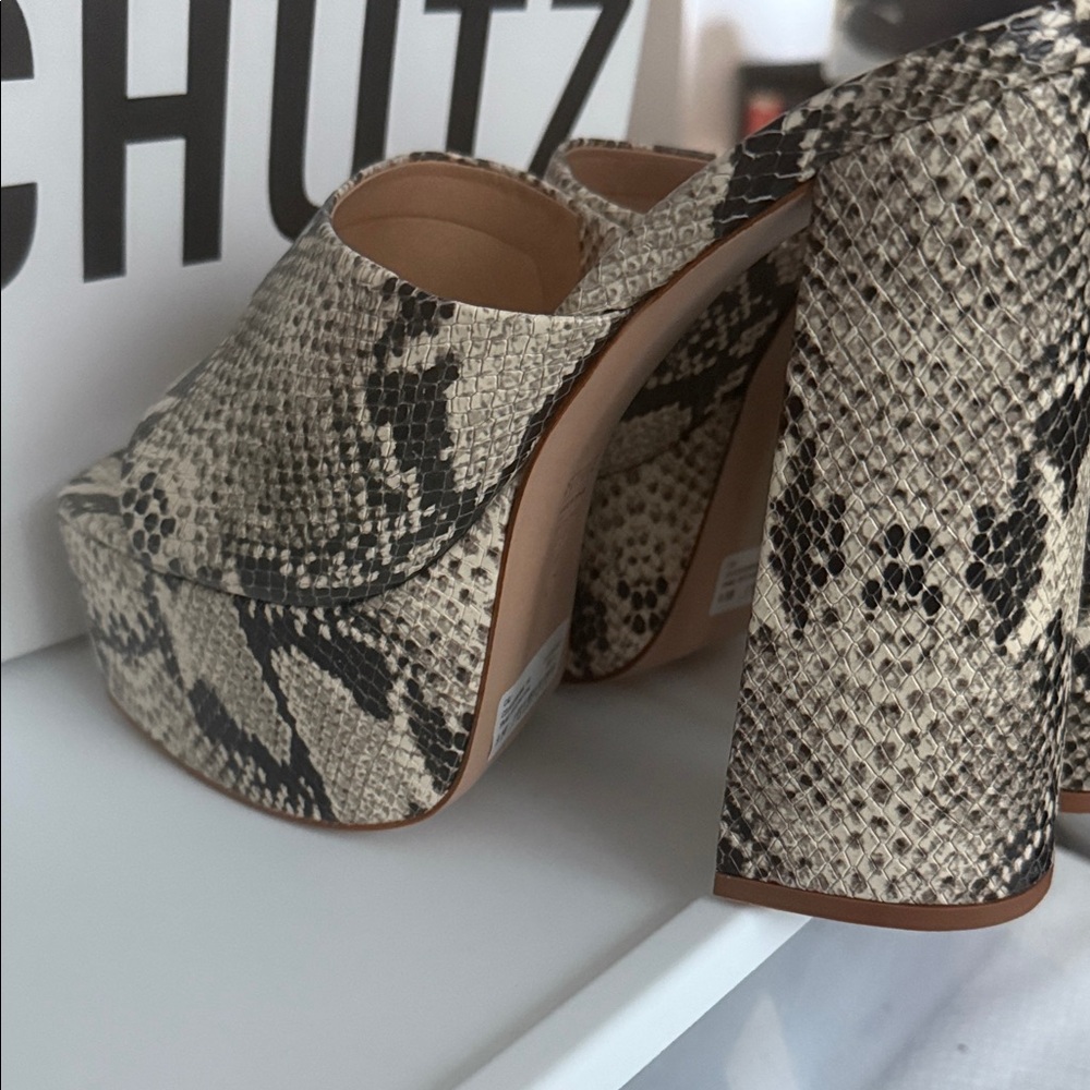 SCHUTZ Black and Cream Snake Print Platform Shoes - Picture 7 of 8